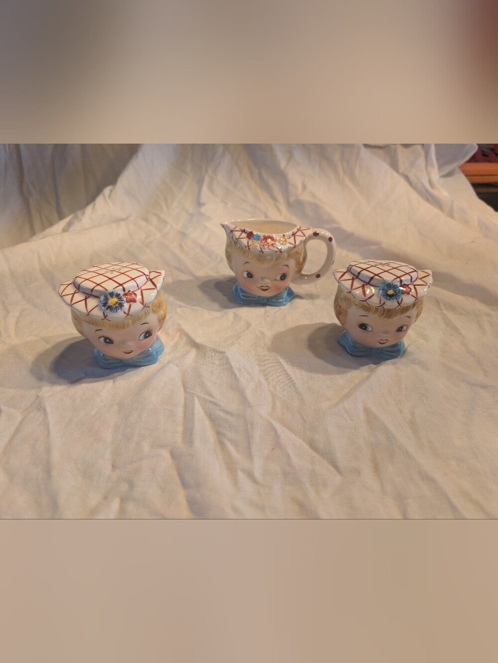 Lefton Ceramic miss dainty Head Creamer and salt / pepper Shakers set
